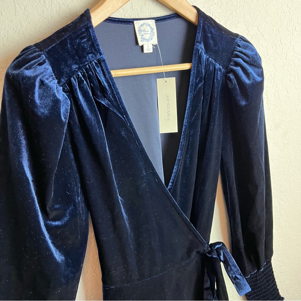 Francesca's Blue Rain Velvet Navy Erin Wrap Dress S Smocked Cuffs Mini NWT - Picture 8 of 12
